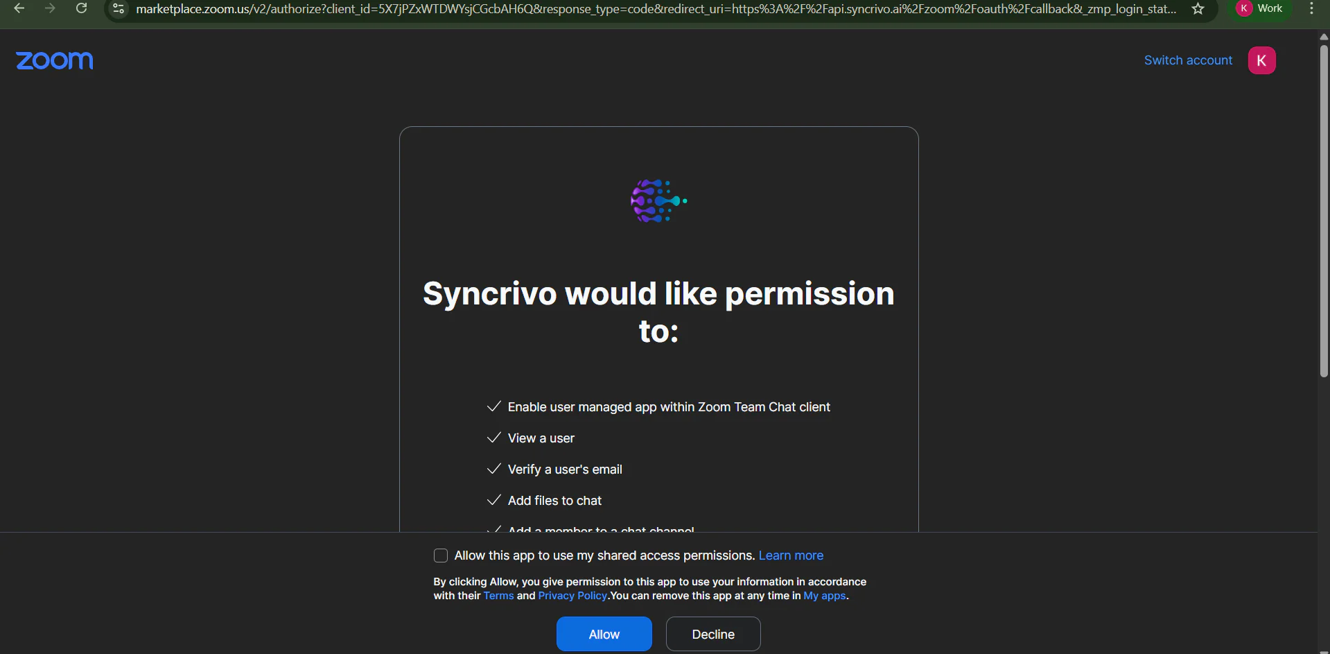 SyncRivo authorization permissions dialog in Zoom