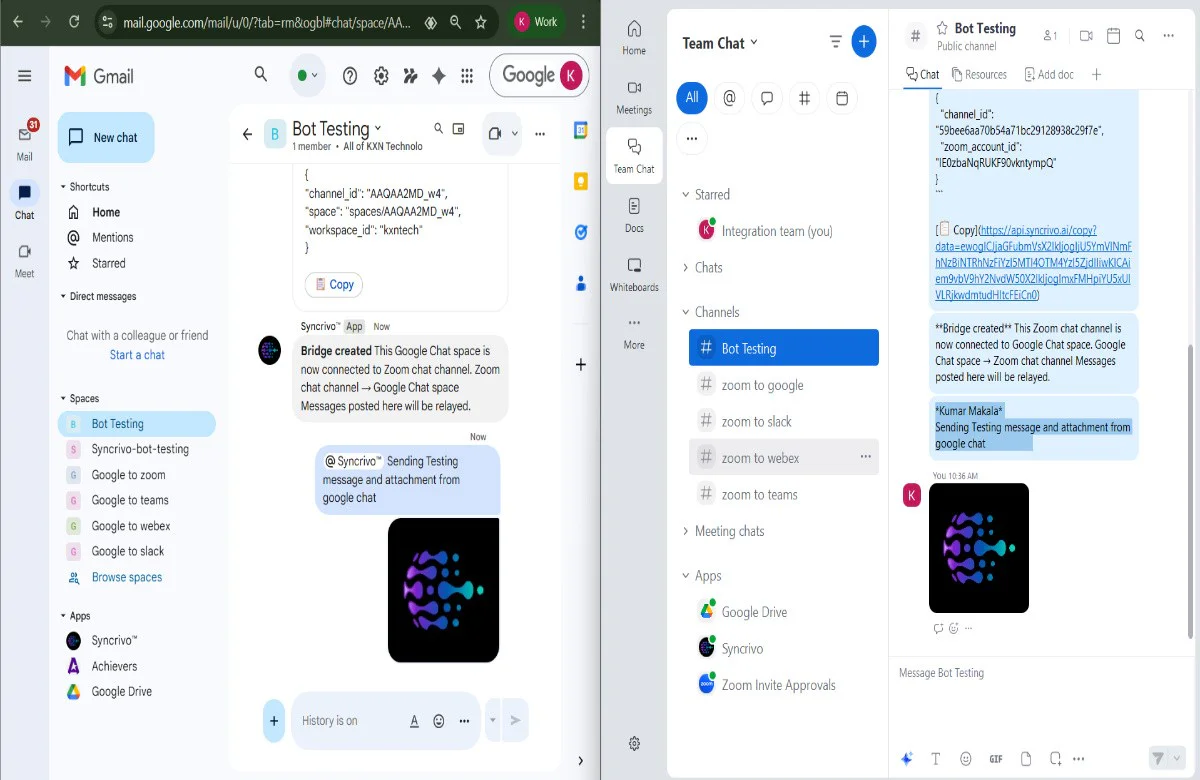 Bidirectional message test between Zoom and Google Chat