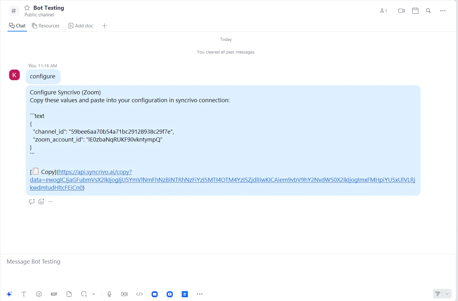 SyncRivo bot responding to the configure command showing Zoom IDs