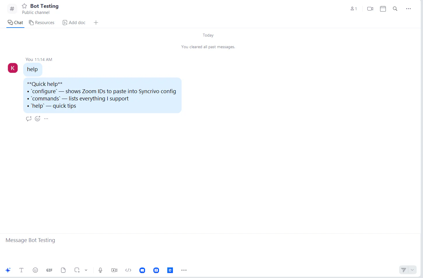 SyncRivo bot responding to the help command