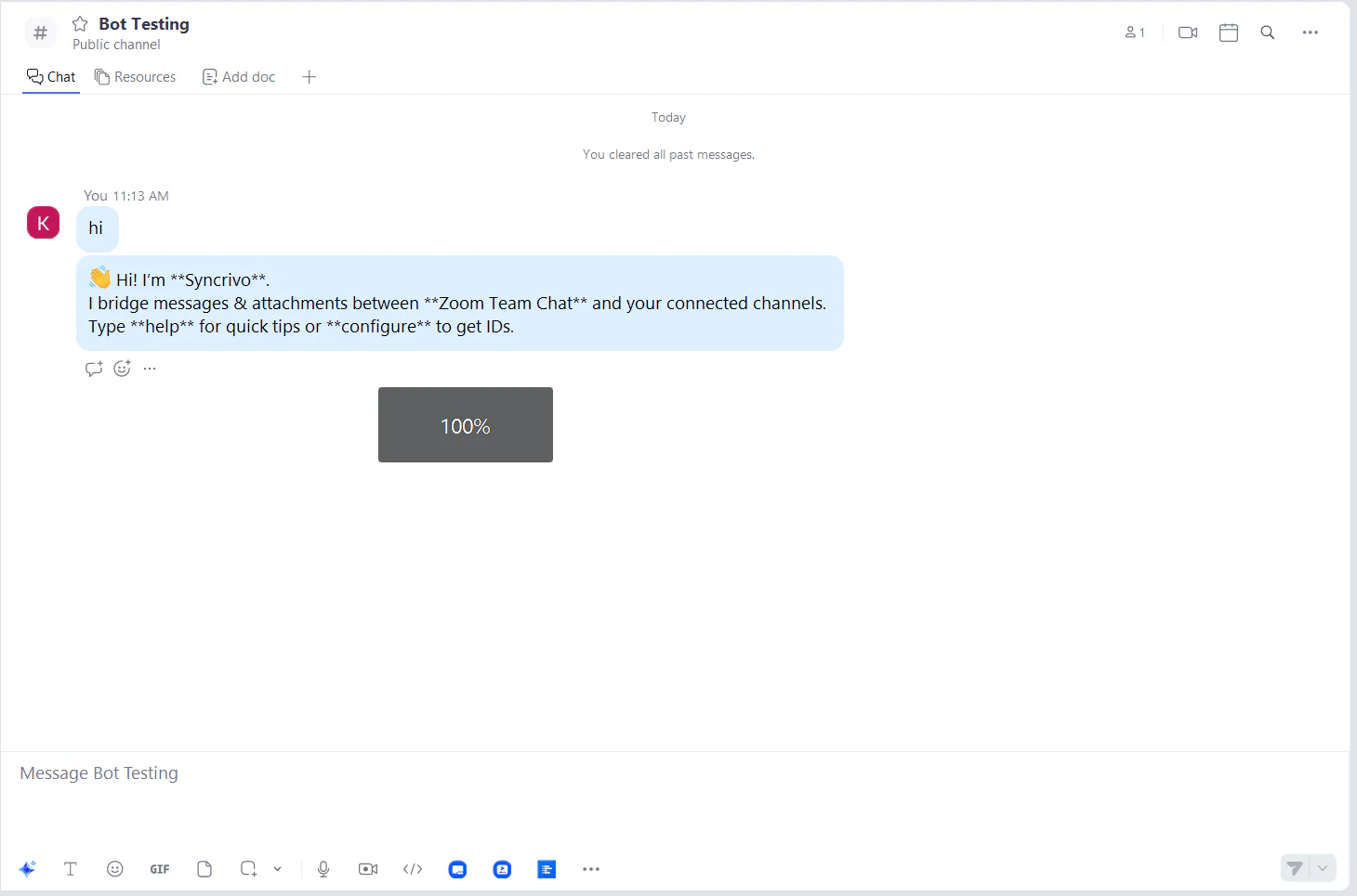 SyncRivo bot responding to the hi command in Zoom Team Chat