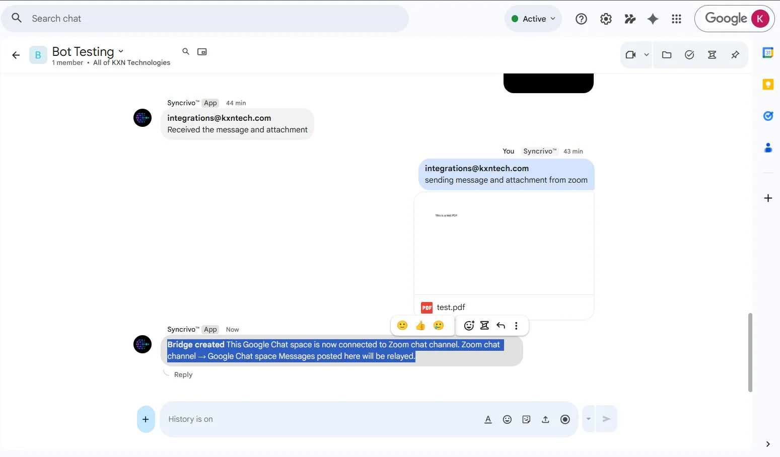 Bridge created confirmation in Google Chat