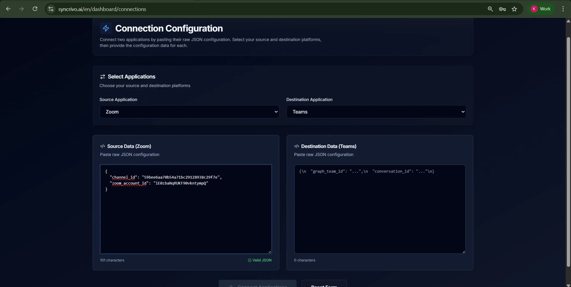 Connection Configuration form with source and destination JSON