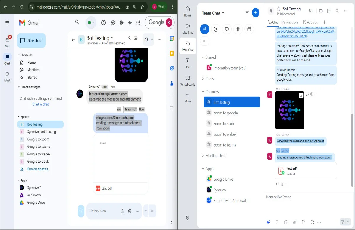 Message relayed from Zoom to Google Chat