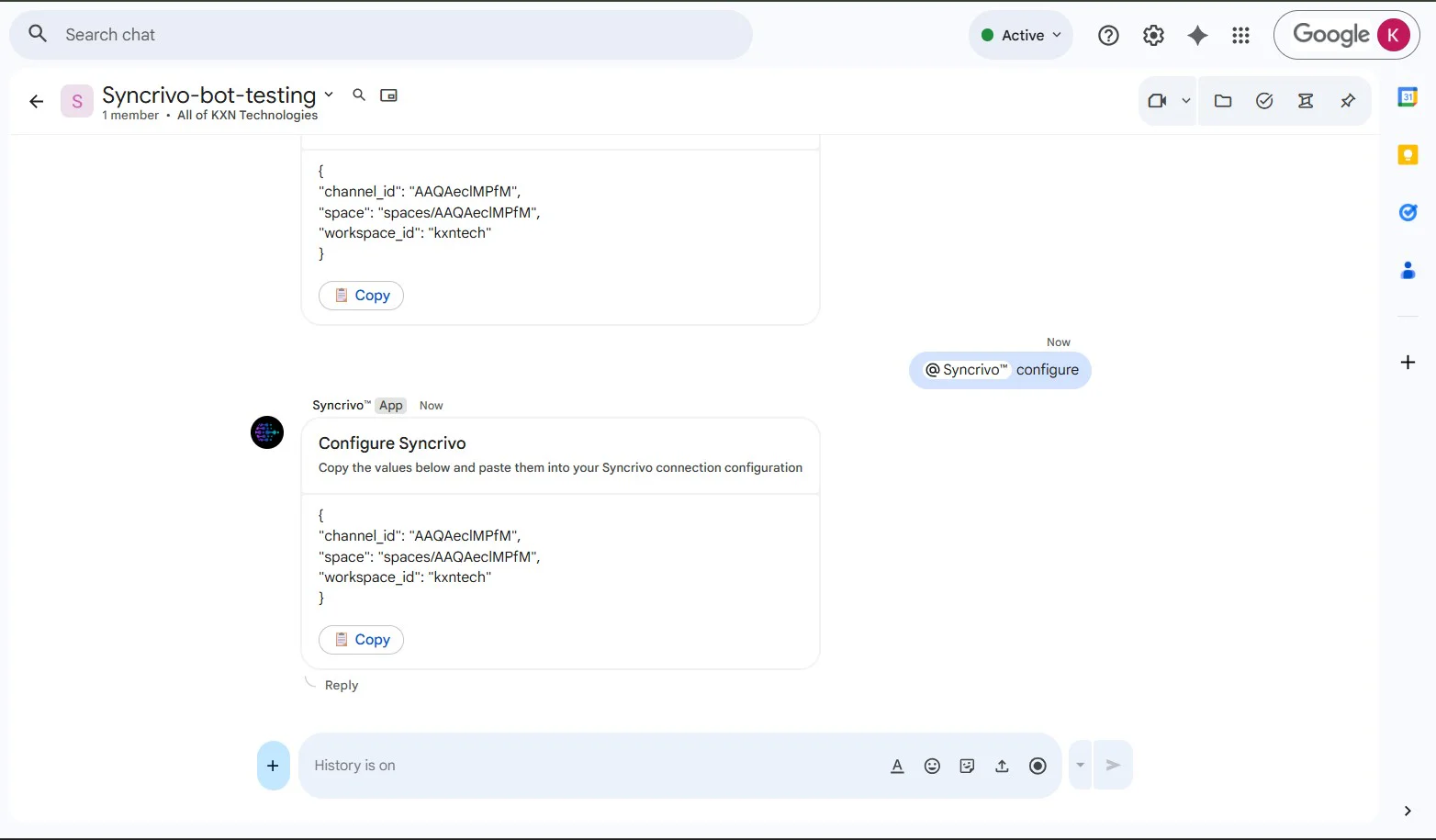 SyncRivo configure command output in Google Chat