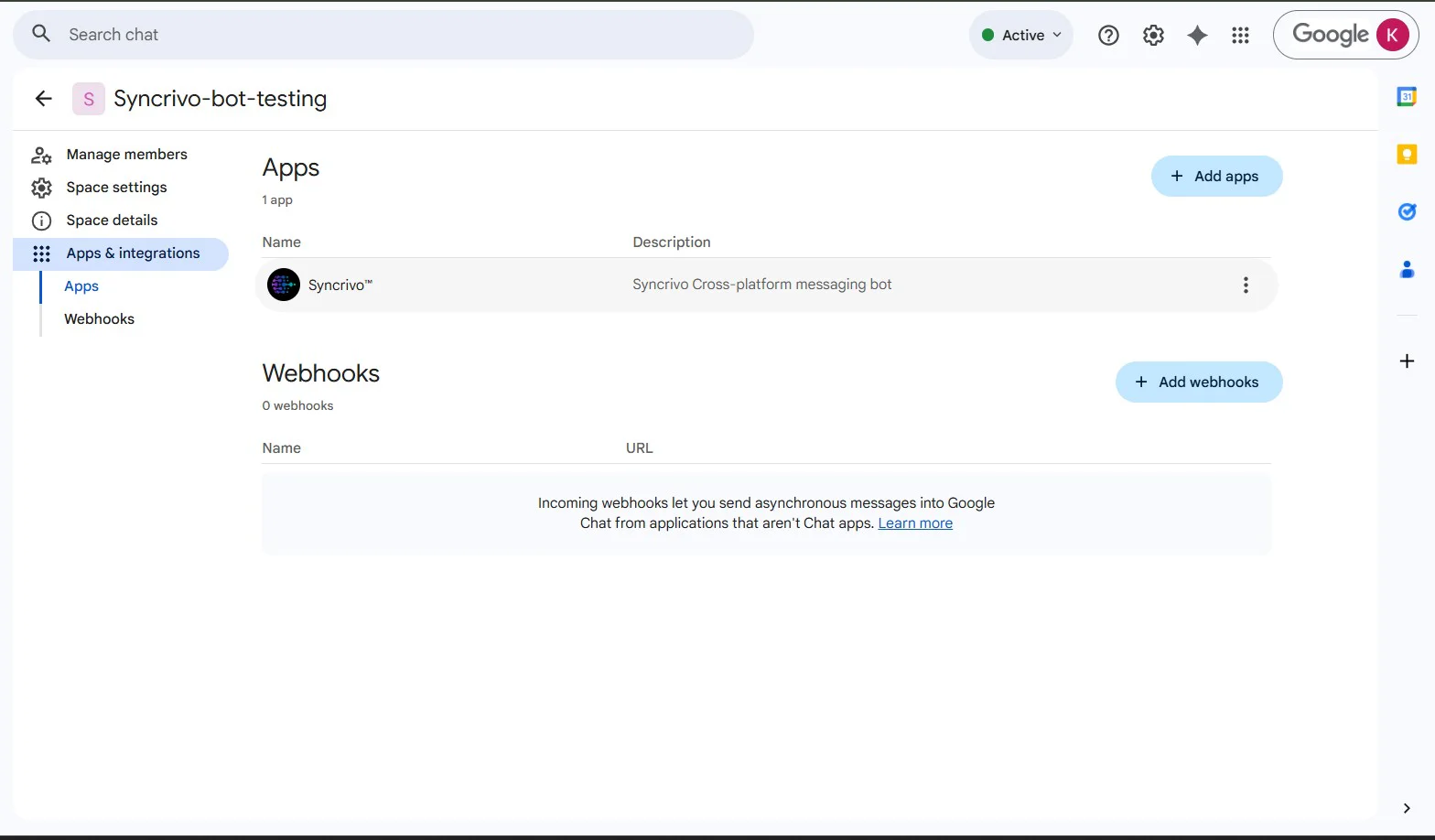 Adding SyncRivo app to a Google Chat space