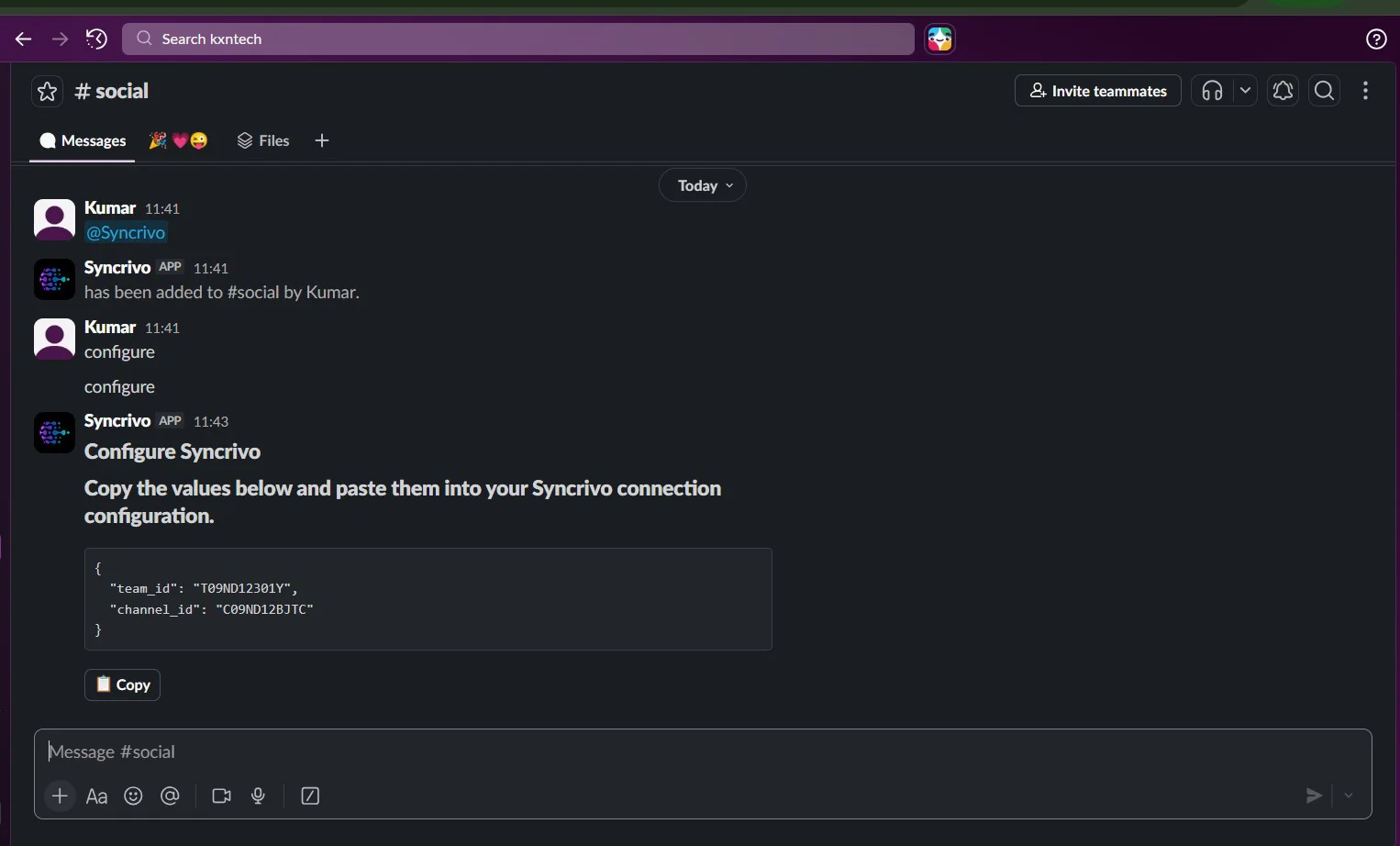 SyncRivo configure command output in Slack