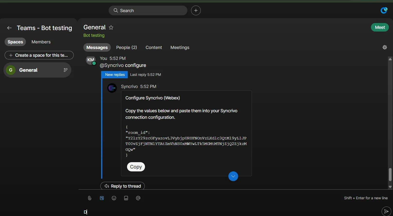 SyncRivo configure command output in Webex
