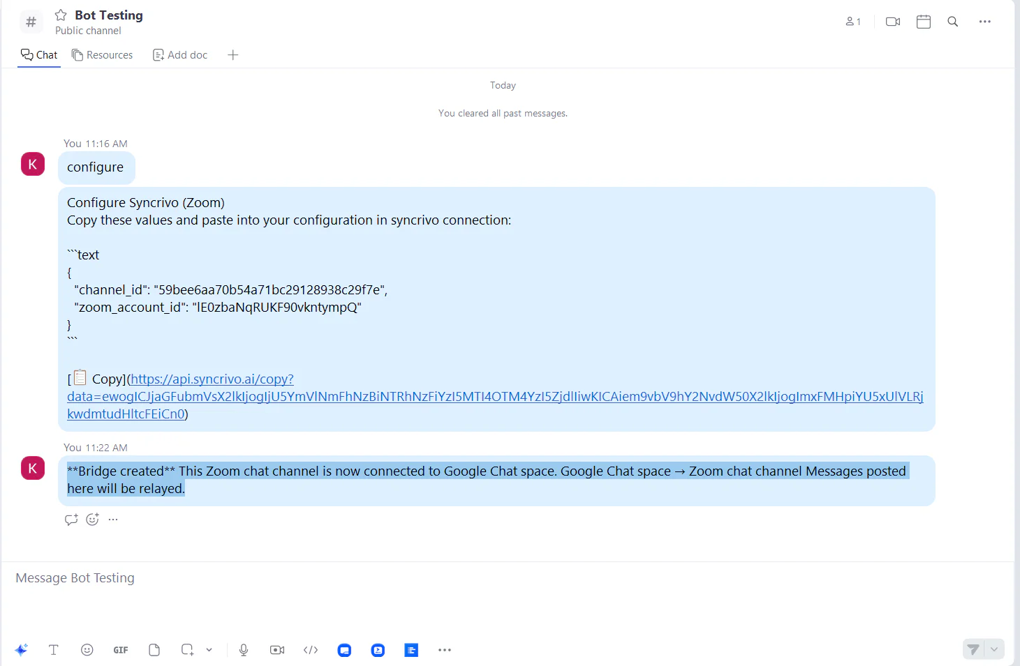 Bridge created confirmation message in Zoom Team Chat